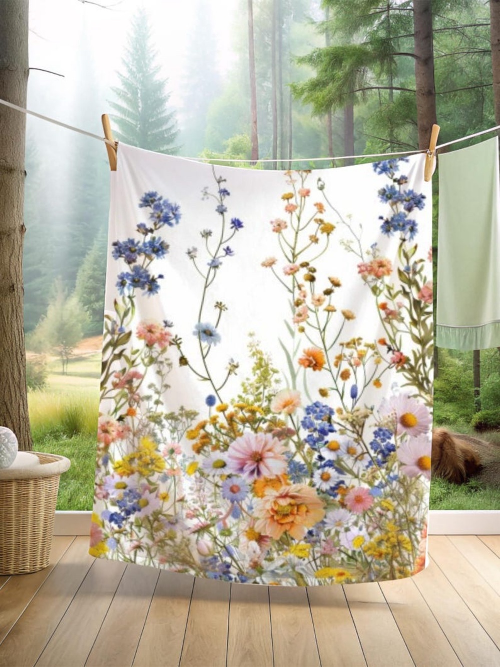 Floral Meadow Throw Blanket - White with Multicolor Wildflowers